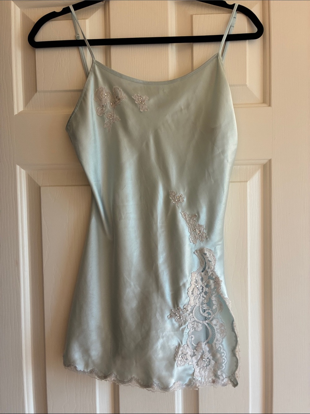 Vintage Victoria's Secret Blue Satin Lace Beaded Slip Dress Mini XS